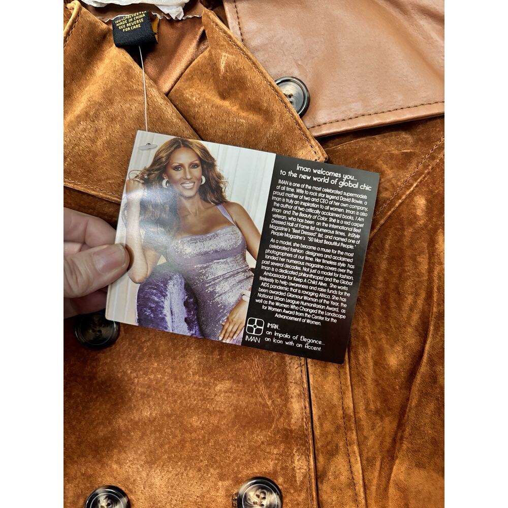 IMAN Global Chic Suede Leather Trench Belt 70s Retro Boho Coat Double Breast XS - Picture 8 of 13
